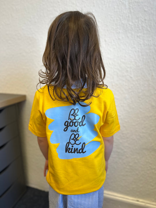 Bus Envy BE good and BE kind charity T-Shirt. Golden yellow & blue
