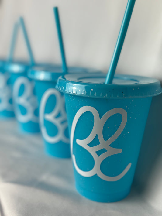 Bus Envy BE logo no-spill cup. Glitter blue