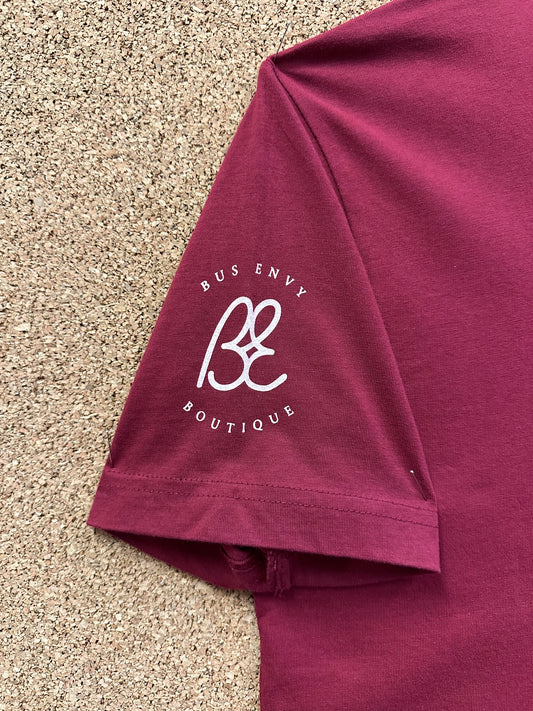 Premium Bus Envy T-Shirt. Burgundy & cream