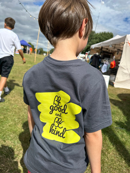 Bus Envy BE good and BE kind charity T-Shirt. Dark grey & yellow