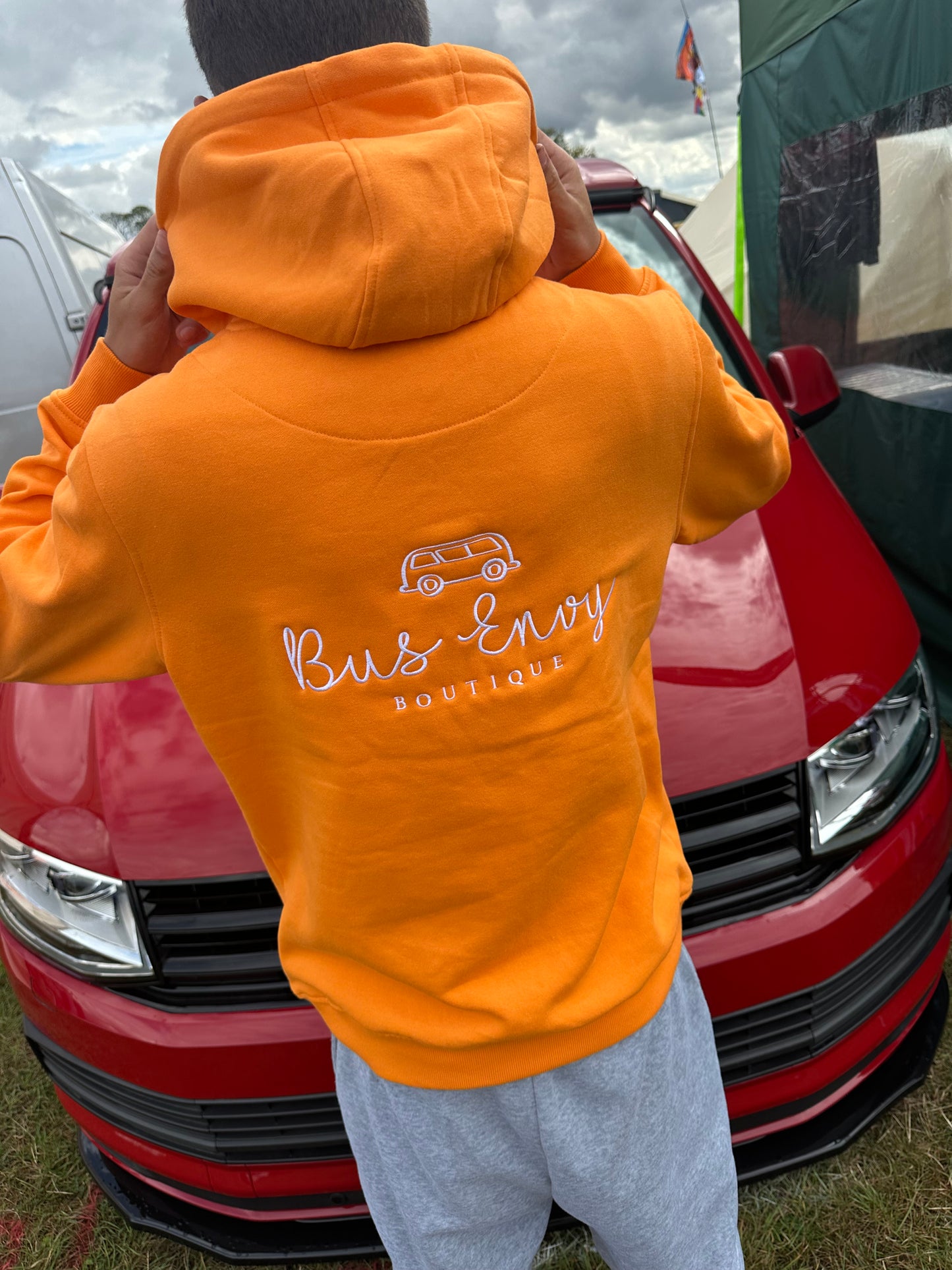 OG Bus Envy embroidered hoodie. Orange & white