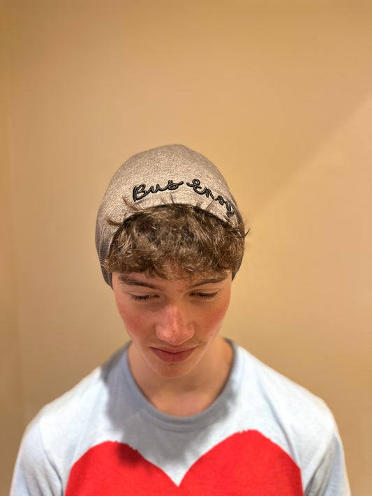 Unisex slouchy Bus Envy beanie. Charcoal grey & black