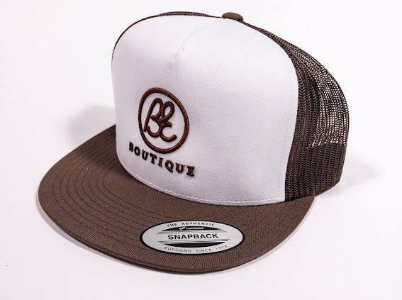 Snap Back Trucker cap. Brown & white. BE logo