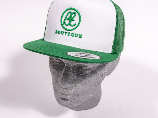 Snap Back Trucker Cap. Green & white. BE logo