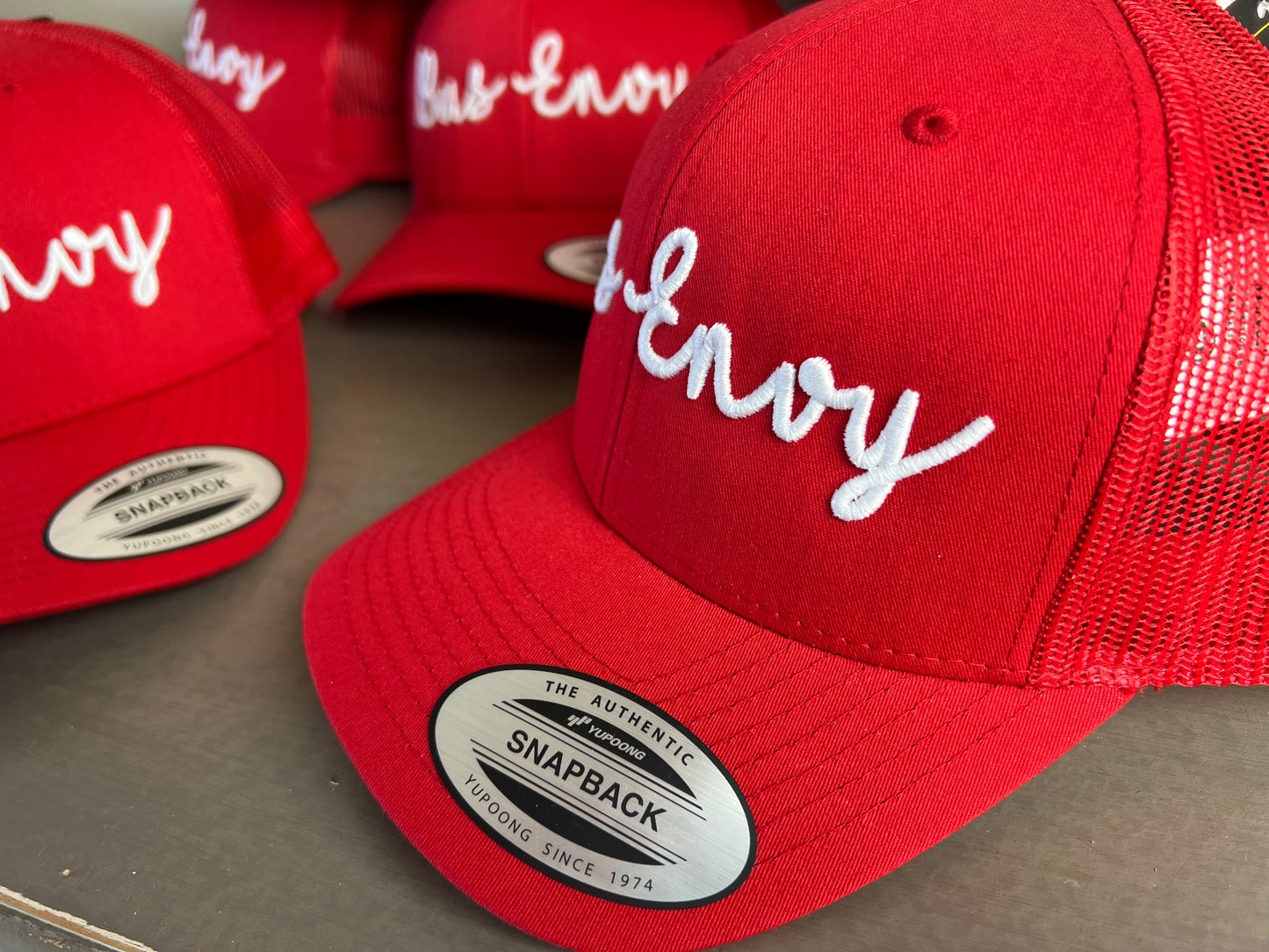 Snap Back Trucker Cap. Red & White. 3D logo