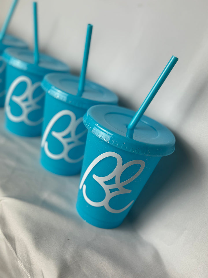 Bus Envy BE logo no-spill cup. Glitter blue