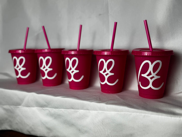 Bus Envy BE logo no-spill cup. Glitter pink