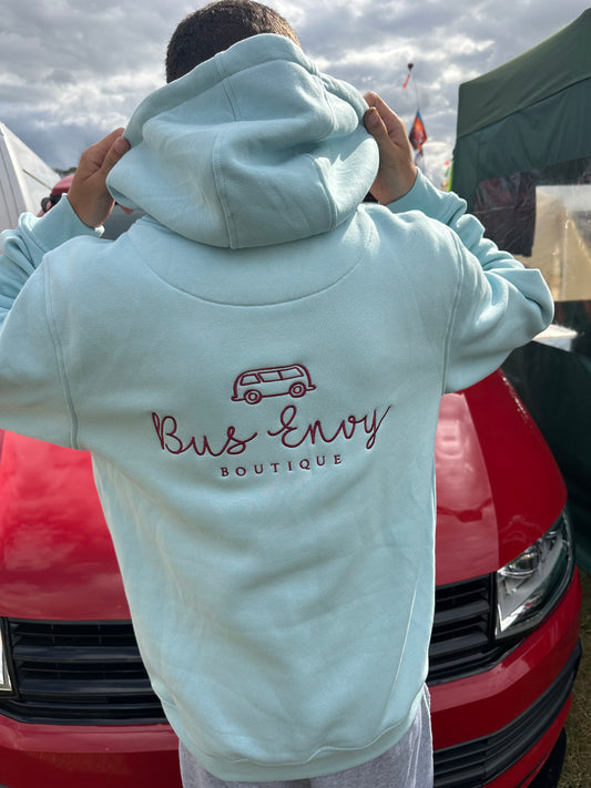 OG Bus Envy embroidered hoodie. Duck egg blue & plum