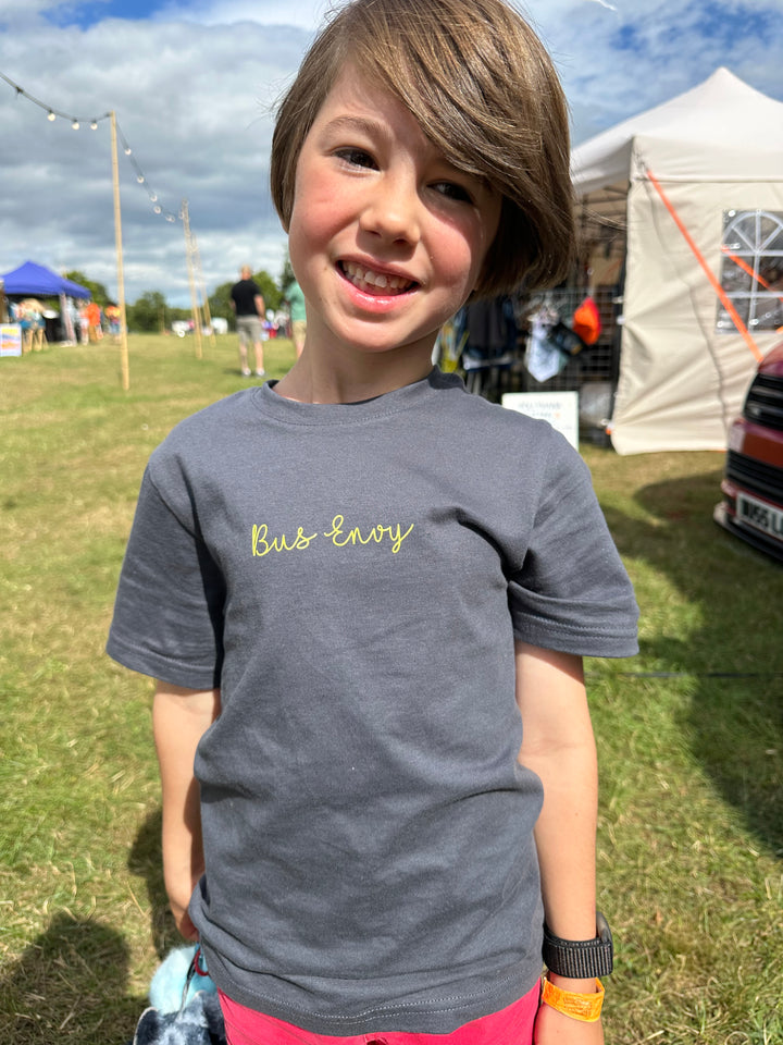 Bus Envy BE good and BE kind charity T-Shirt. Dark grey & yellow