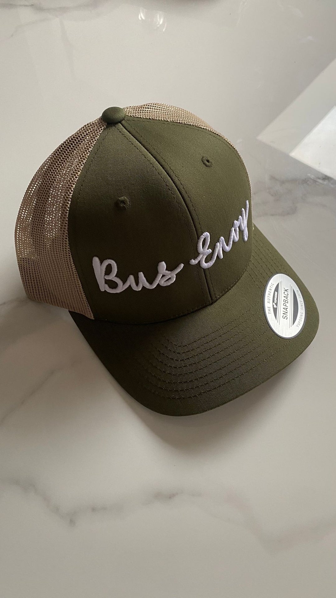 Snap Back Trucker Cap. Khaki &amp; Cream. White 3D logo