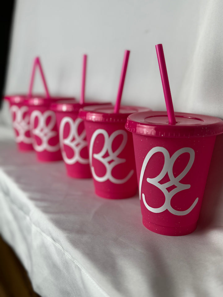 Bus Envy BE logo no-spill cup. Glitter pink