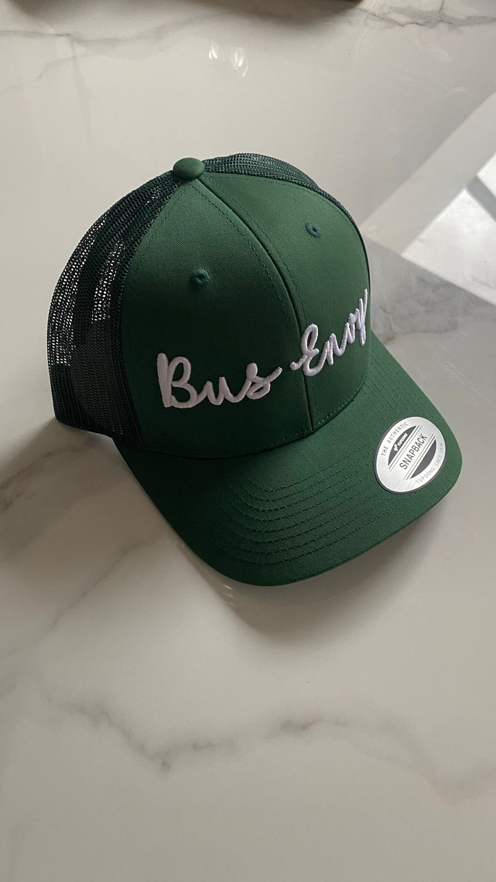 Snap Back Trucker Cap. Green. White 3D logo