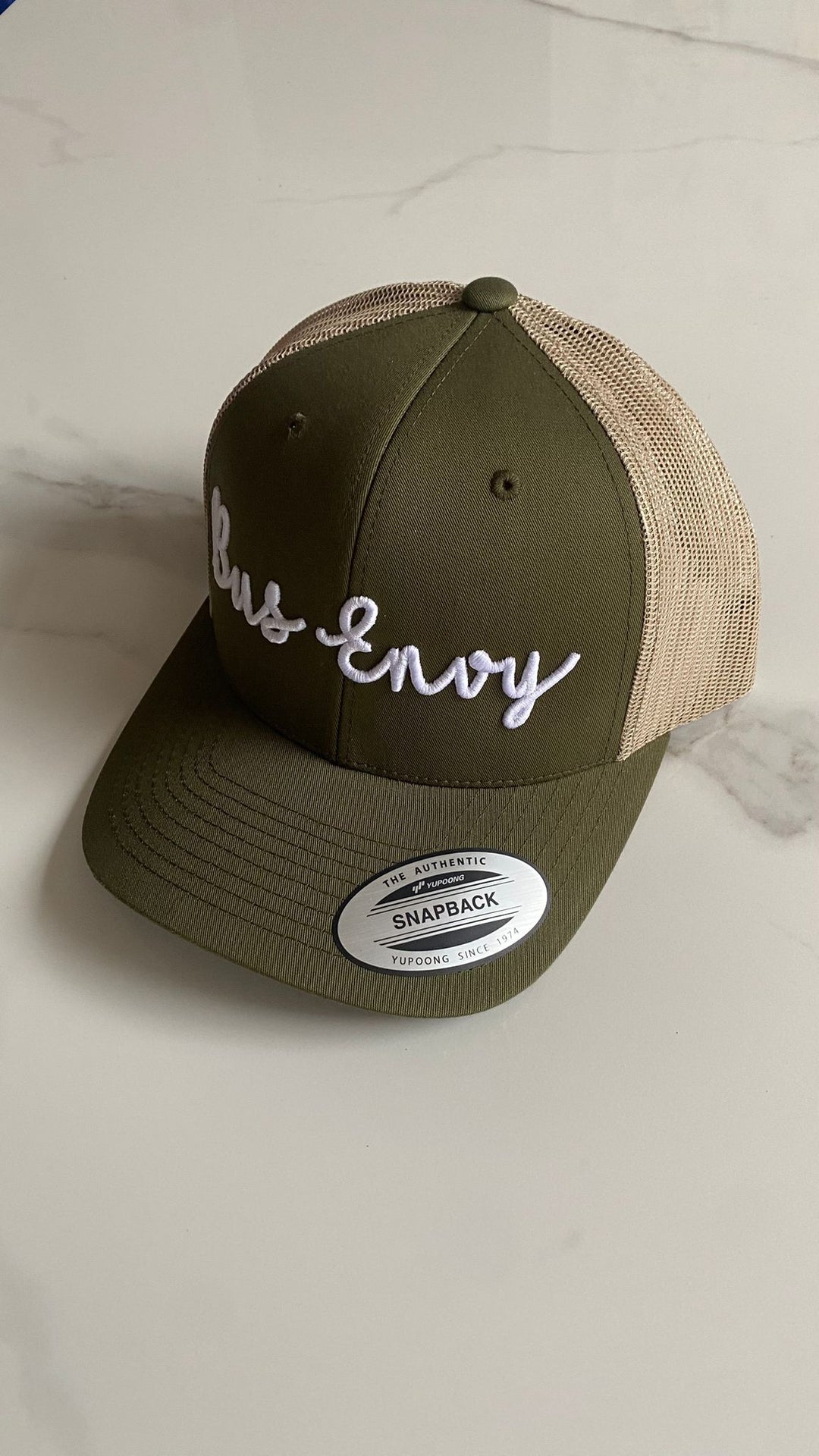 Snap Back Trucker Cap. Khaki &amp; Cream. White 3D logo