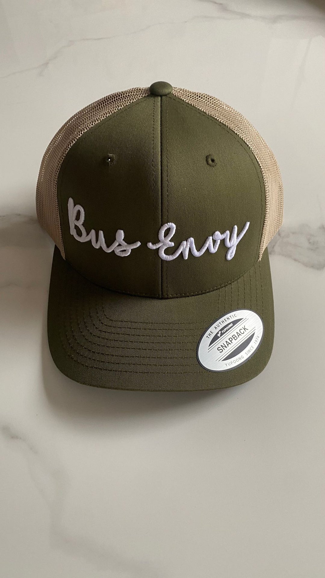 Snap Back Trucker Cap. Khaki &amp; Cream. White 3D logo