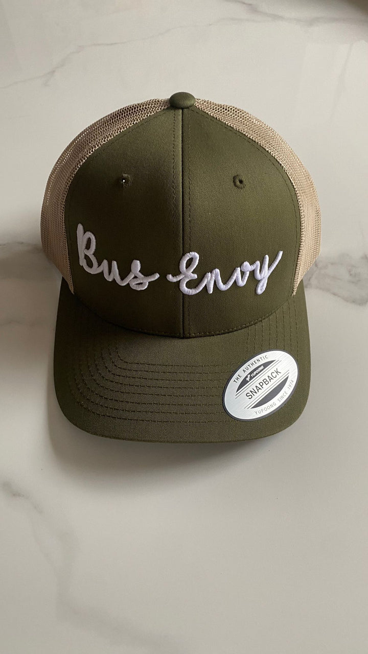 Snap Back Trucker Cap. Khaki &amp; Cream. White 3D logo