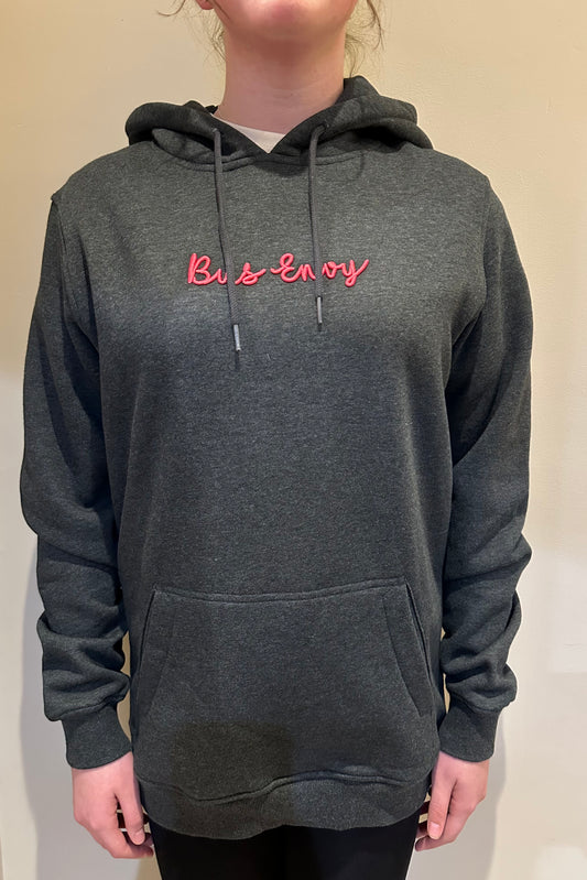 Signature embroidered hoodie. 3D Bus Envy logo. Charcoal grey & neon pink