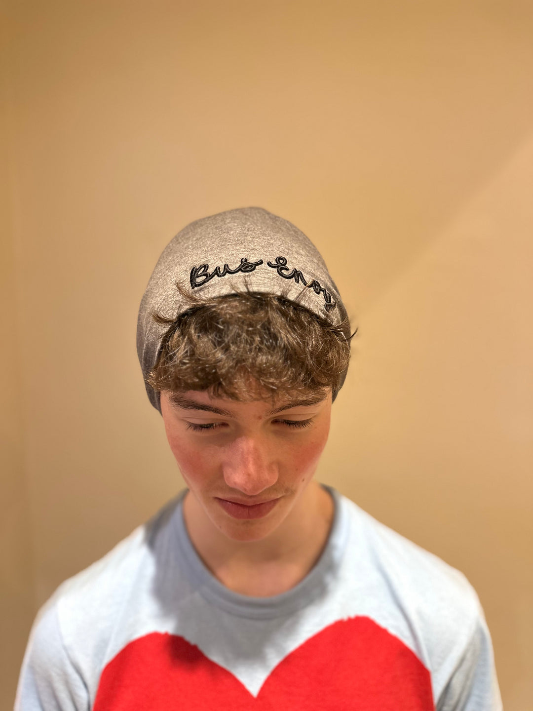 Unisex slouchy Bus Envy beanie. Charcoal grey & black