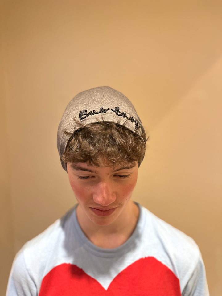 Unisex slouchy Bus Envy beanie. Charcoal grey & black