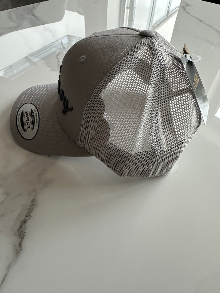 Snap Back Trucker Cap. Grey & grey. Dark grey 3D logo