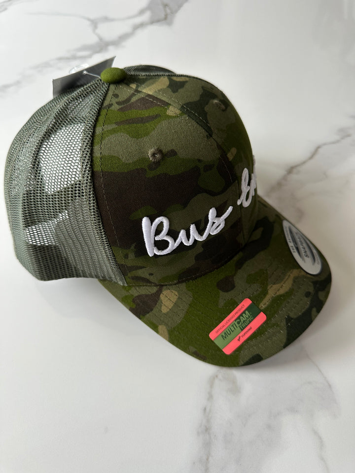 Snap Back Trucker Cap. Cammo & Green. White 3D logo