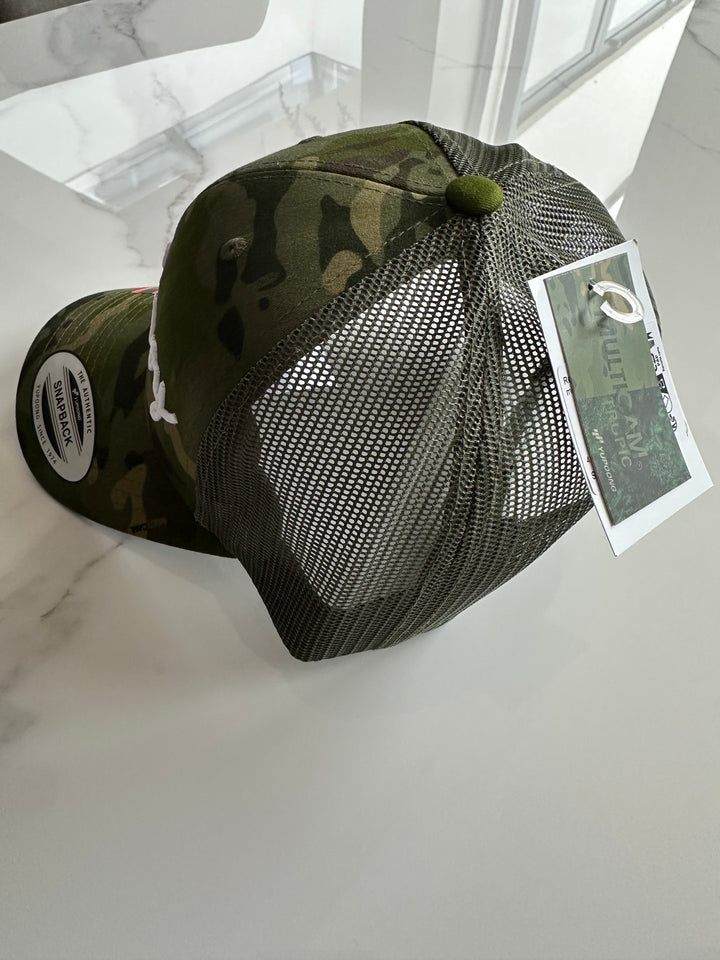Snap Back Trucker Cap. Cammo & Green. White 3D logo