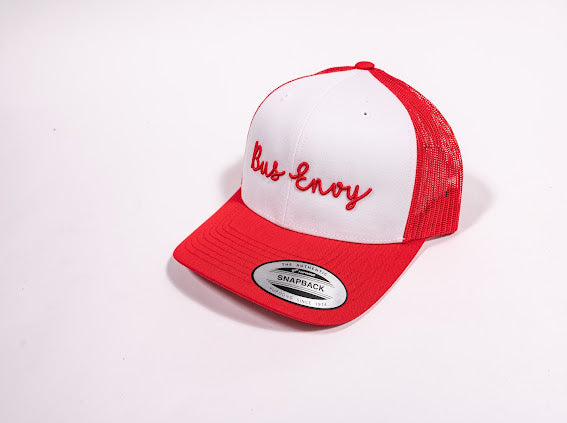 Snap Back Trucker Cap. Red & white. Red 3D signature logo