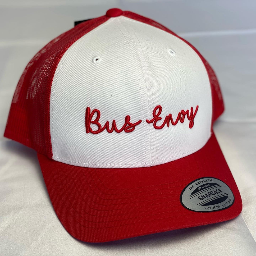 Snap Back Trucker Cap. Red & white. Red 3D signature logo