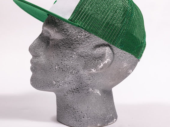 Snap Back Trucker Cap. Green & white. BE logo