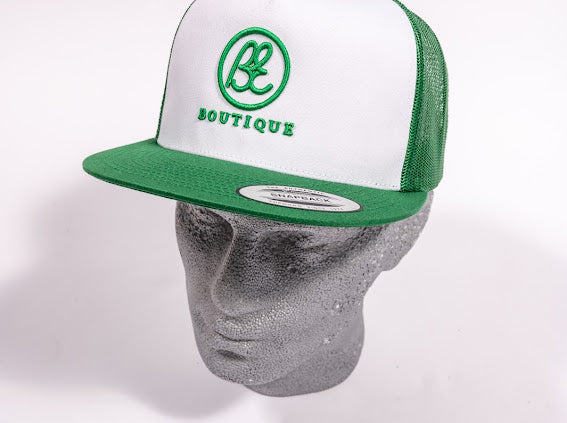 Snap Back Trucker Cap. Green & white. BE logo