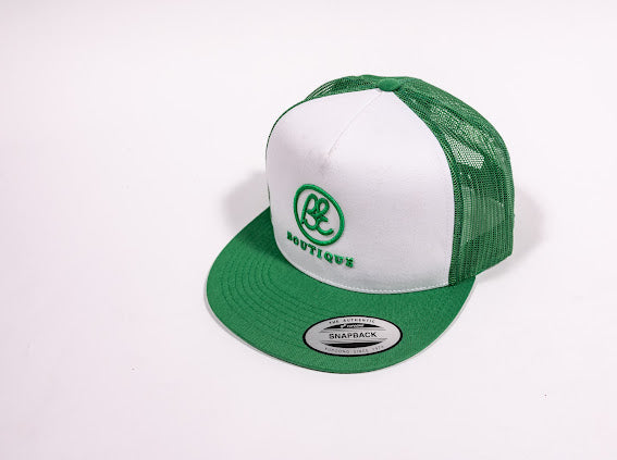 Snap Back Trucker Cap. Green & white. BE logo