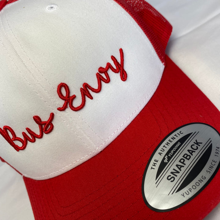 Snap Back Trucker Cap. Red & white. Red 3D signature logo