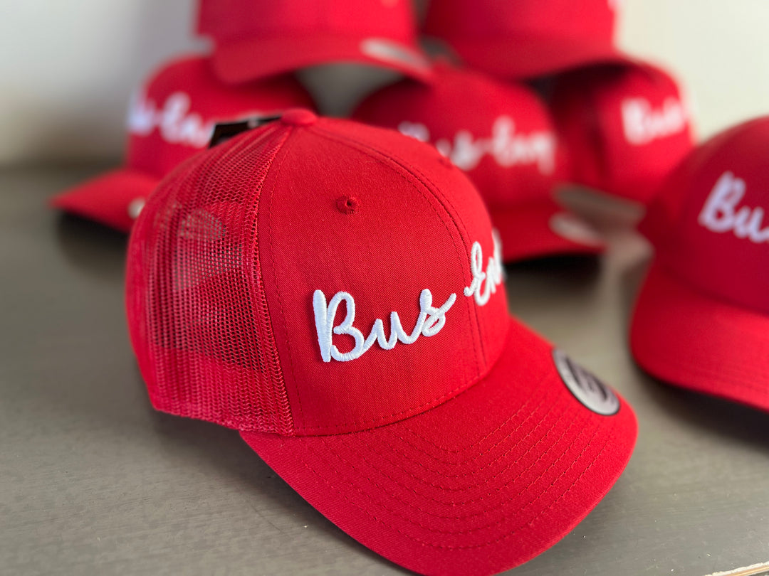 Snap Back Trucker Cap. Red & White. 3D logo