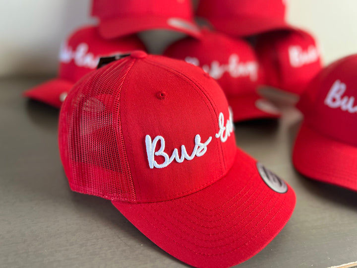 Snap Back Trucker Cap. Red & White. 3D logo