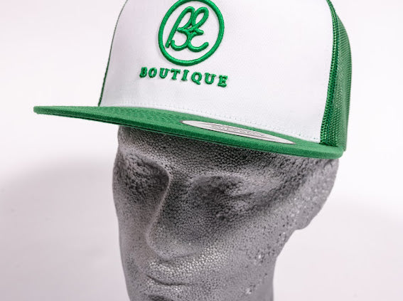 Snap Back Trucker Cap. Green & white. BE logo