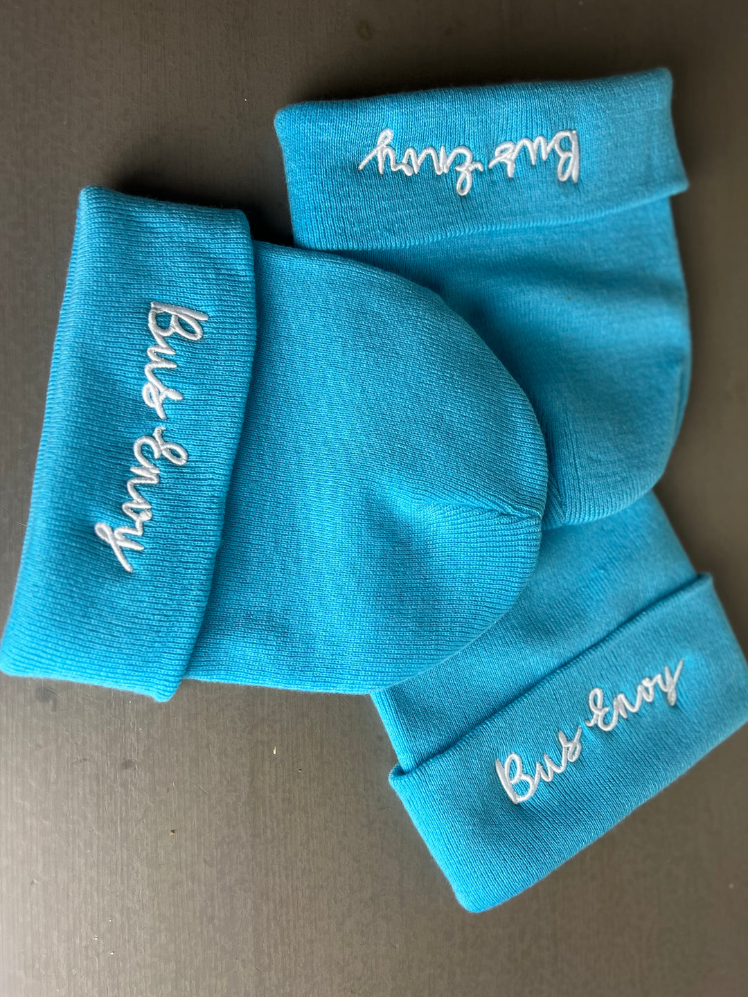 Unisex Bus Envy beanie. Light blue & white