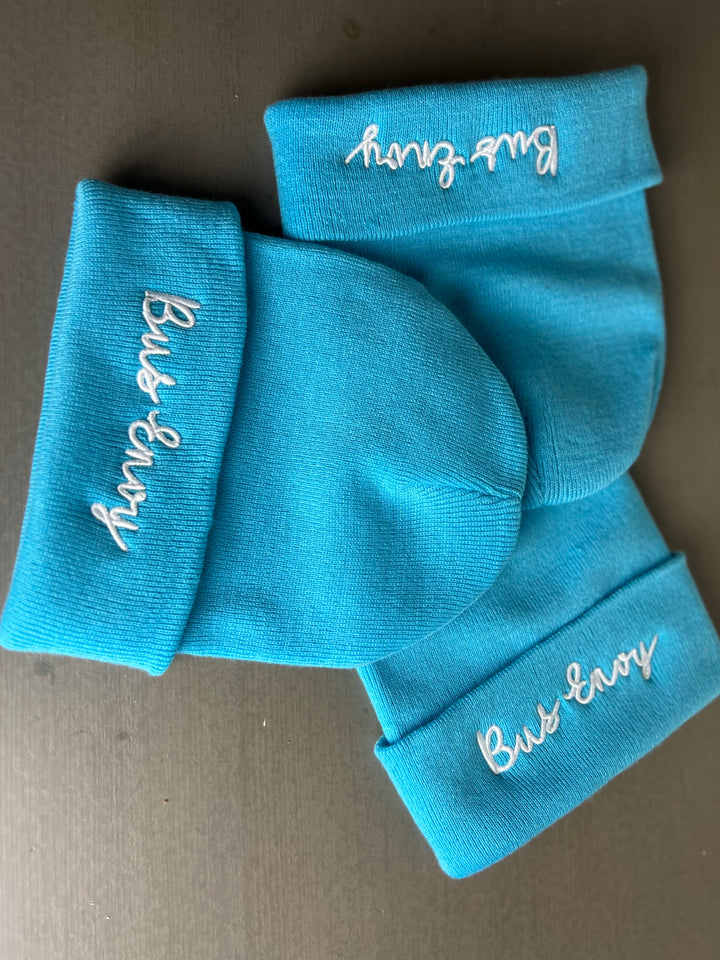 Unisex Bus Envy beanie. Light blue & white