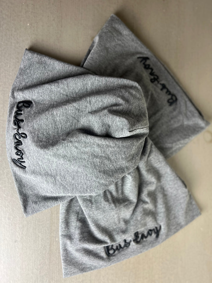 Unisex slouchy Bus Envy beanie. Charcoal grey & black