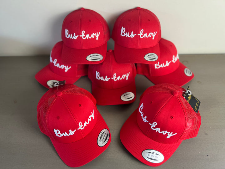 Snap Back Trucker Cap. Red & White. 3D logo