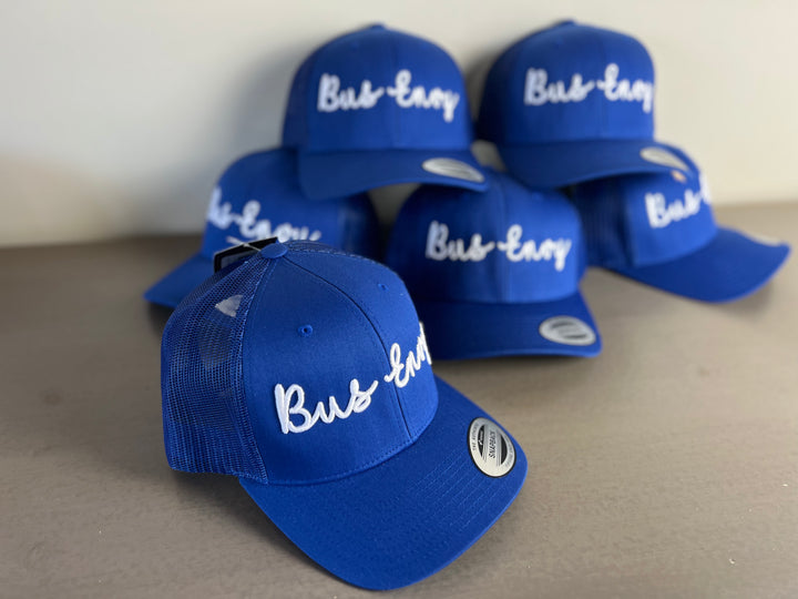 Snap Back Trucker Cap. Royal blue & white. 3D logo